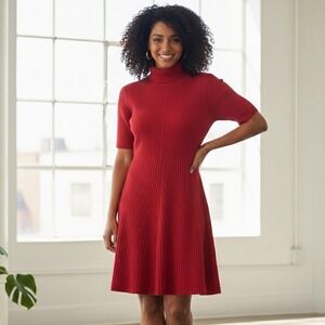 Banana Republic Dress XS Merino Wool Red Ribbed Turtleneck‎ Fit Flare